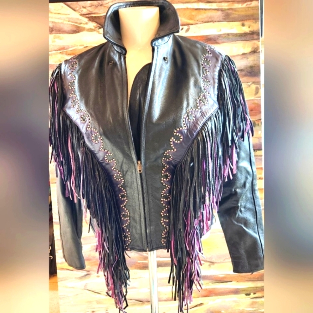 VTG 80s Black Leather Pink Purple Fringe Bike Zip Up Elastic Waist Jacket M - Picture 1 of 16